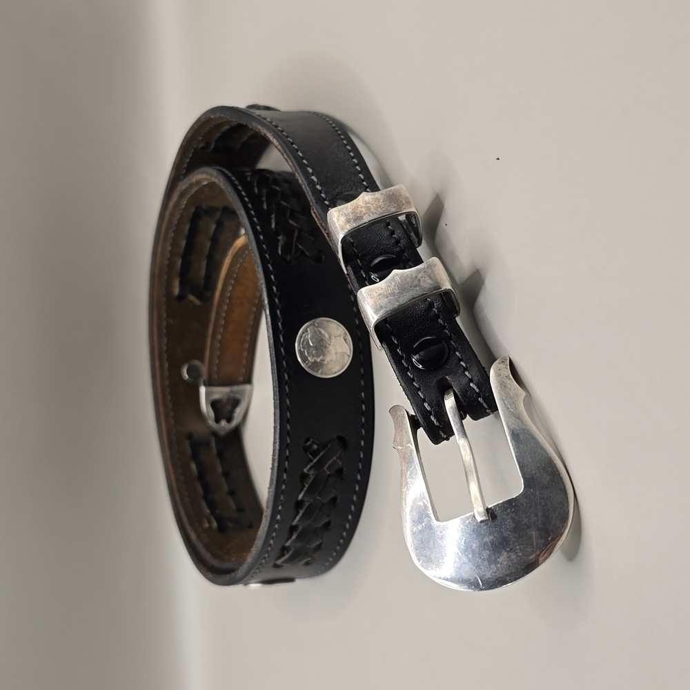 Vintage 1989 CHACON Leather Sterling Belt 36-38 Brown Lady Liberty Dimes Signed